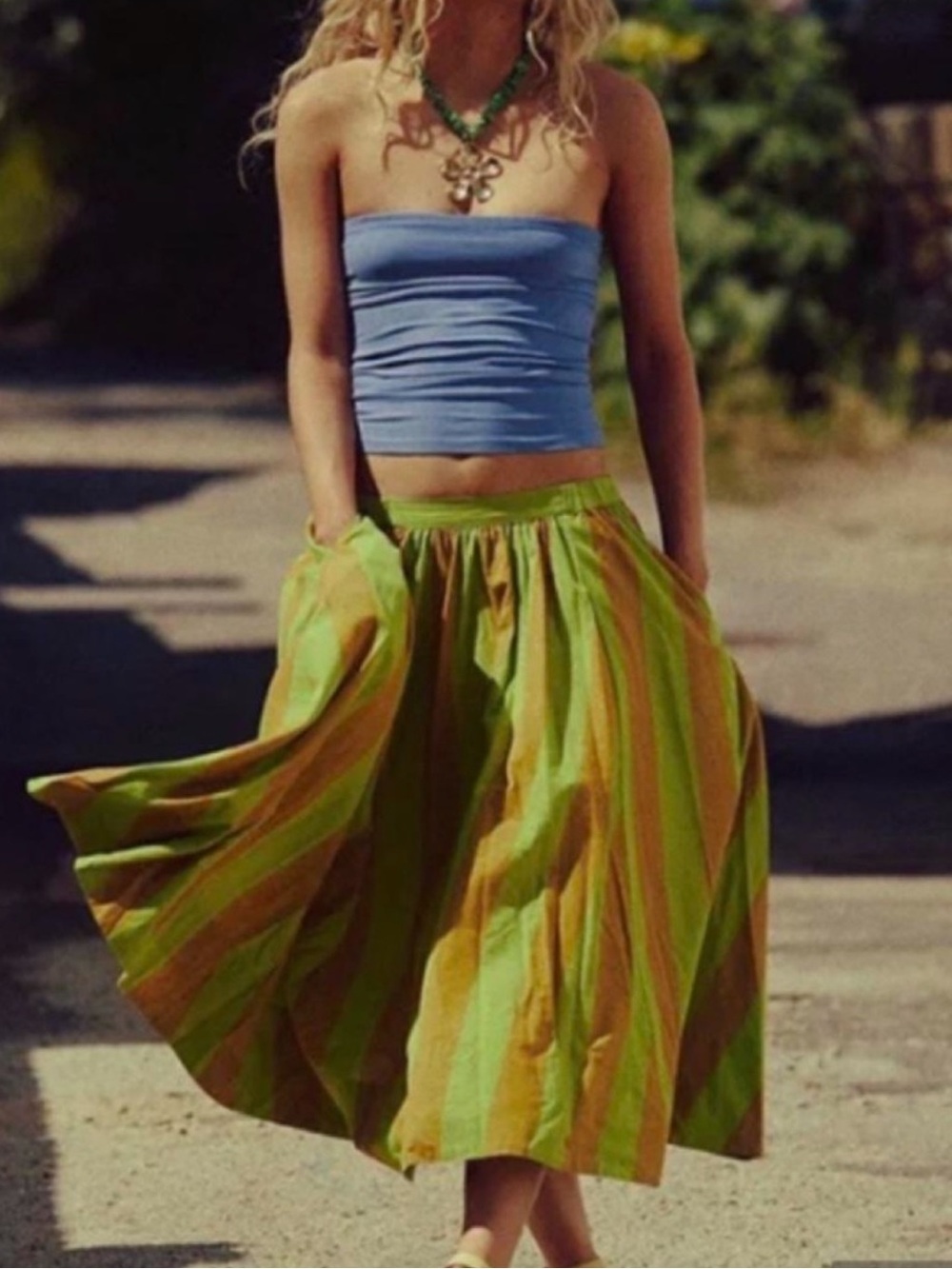 Free People Striped Lowen Midi Skirt in Lime Green and Mustard
